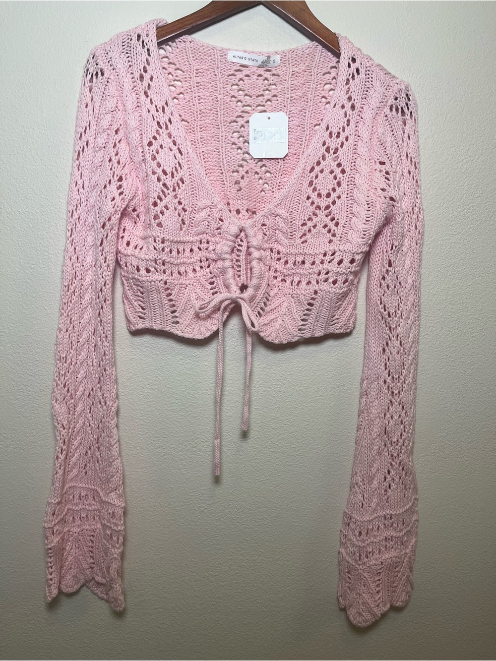 Altar'd State Blush Pink Crochet Tie-Front Cropped Cardigan
